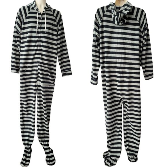 JUMPIN JAMMERZ Black & Gray Striped Hooded Footed Onesie Pajama - Unisex Size L - Picture 2 of 6